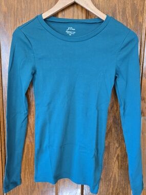 J. Crew Green Teal Long-Sleeve Crewneck Perfect Fit Cotton Top XSMALL